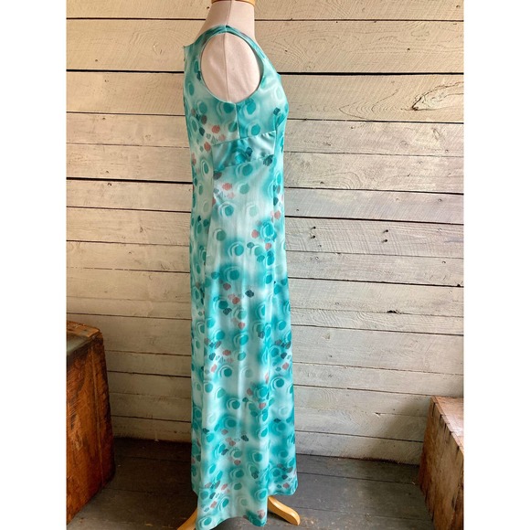 70s green polyester maxi dress Hal Ferman square neck sleeveless - 1970s - Picture 7 of 8